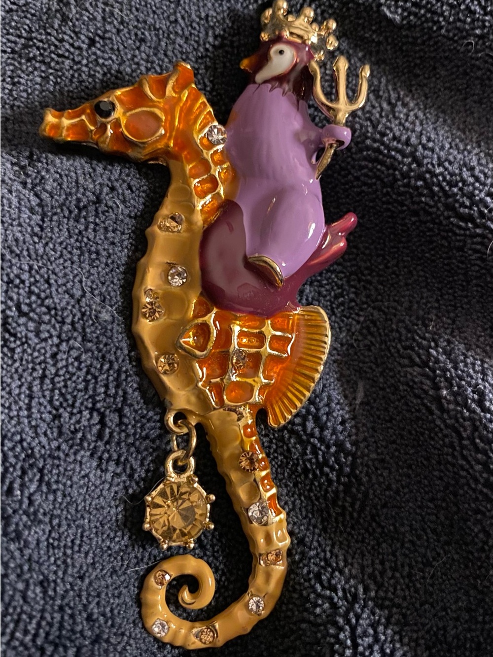 Purple and Gold Seahorse Brooch with Penguin Rider